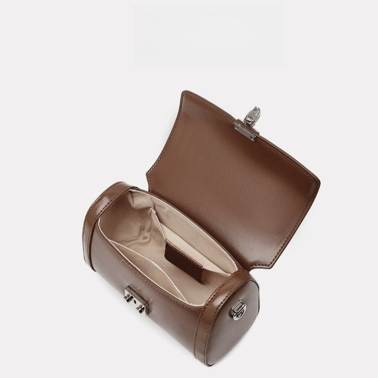 Women's Genuine Leather Cylinder Box Bag with Push Lock