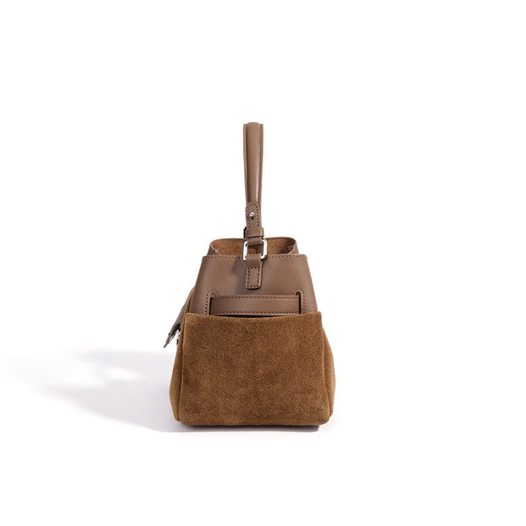 Women's Suede Cowhide Bucket Bag with Detachable Strap