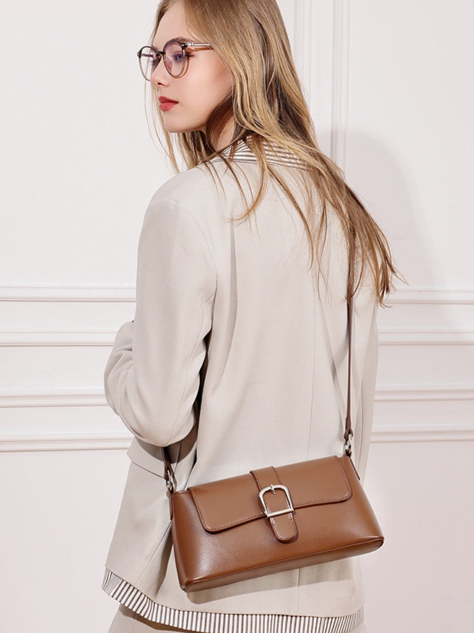 Women's Genuine Leather Vintage Baguette Shoulder Bag with Buckle
