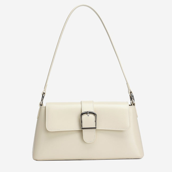 Women's Genuine Leather Vintage Baguette Shoulder Bag with Buckle