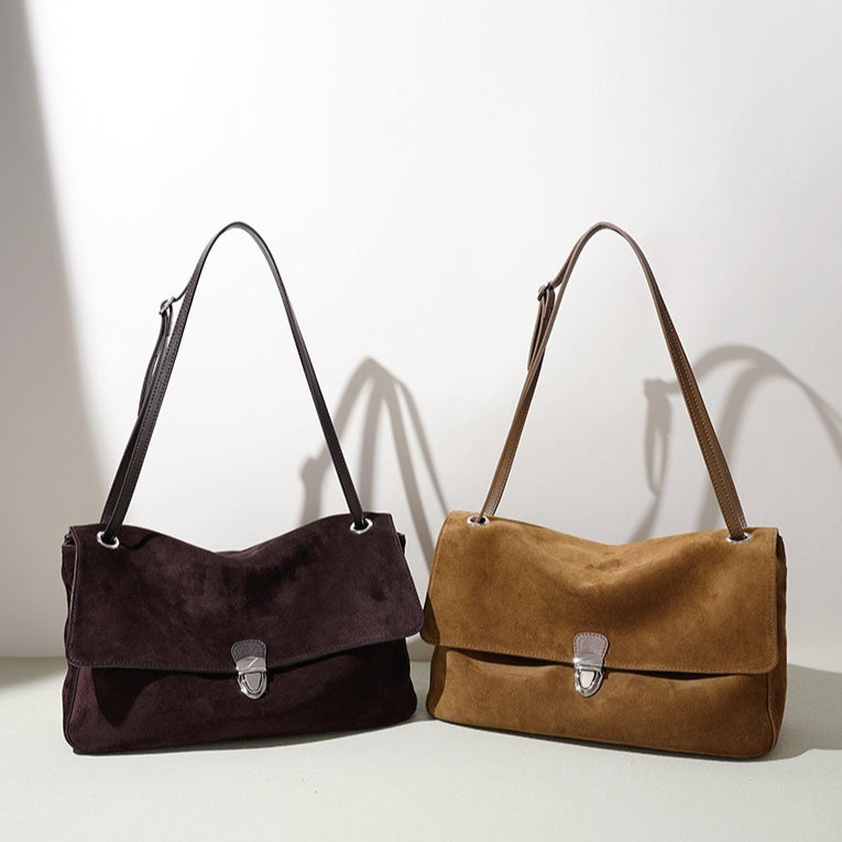 Women's Suede Leather Flap Shoulder Bag with Push-Lock