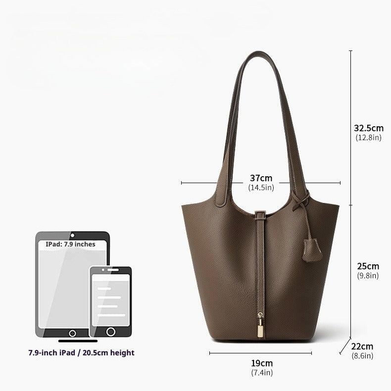 Women's Genuine Leather Textured Bucket Tote Bag with Gold Buckle