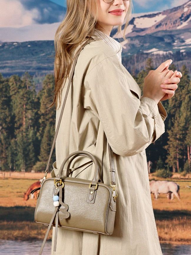 Women's Genuine Leather Boston Bag with Wavy Charm