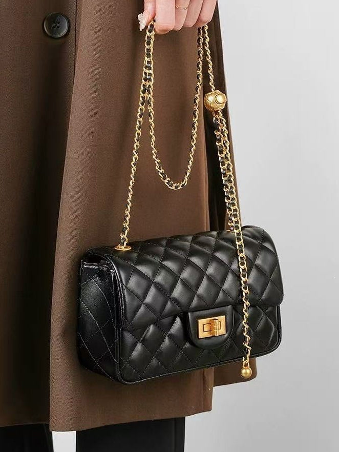 Women's Quilted Sheepskin Flap Bag with Adjustable Gold Chain