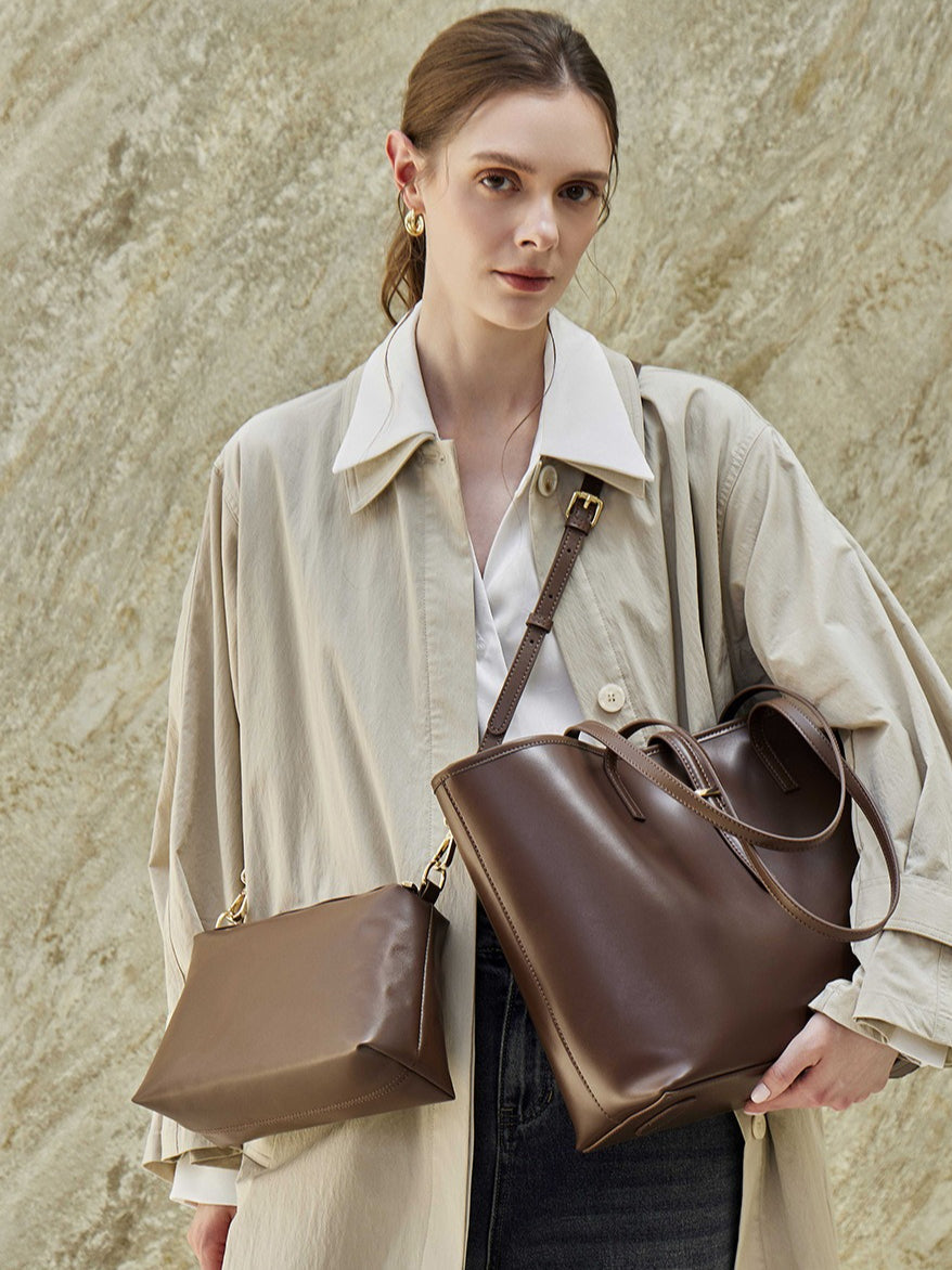 Women's Cowhide Tote Bag Set with Convertible Inner Pouch