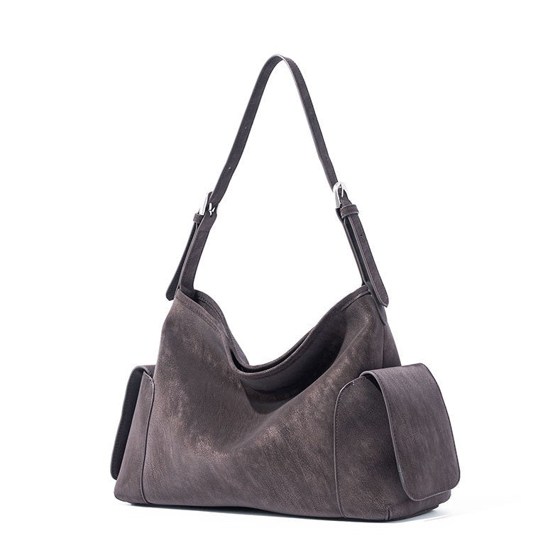 Women's Full-Grain Cowhide Slouchy Shoulder Bag with Side Pockets