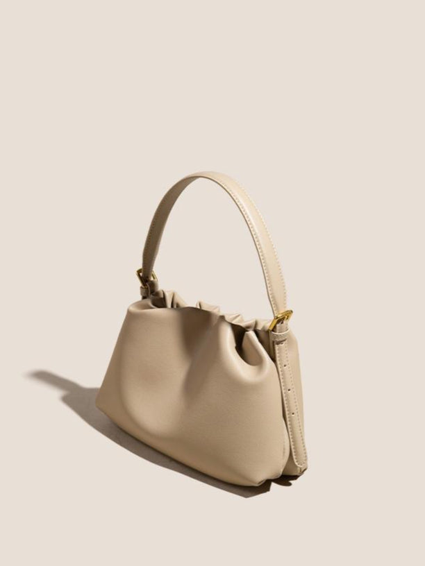 Women's Genuine Leather Ruched Cloud Clutch Bag with Detachable Strap