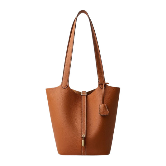 Women's Genuine Leather Textured Bucket Tote Bag with Gold Buckle
