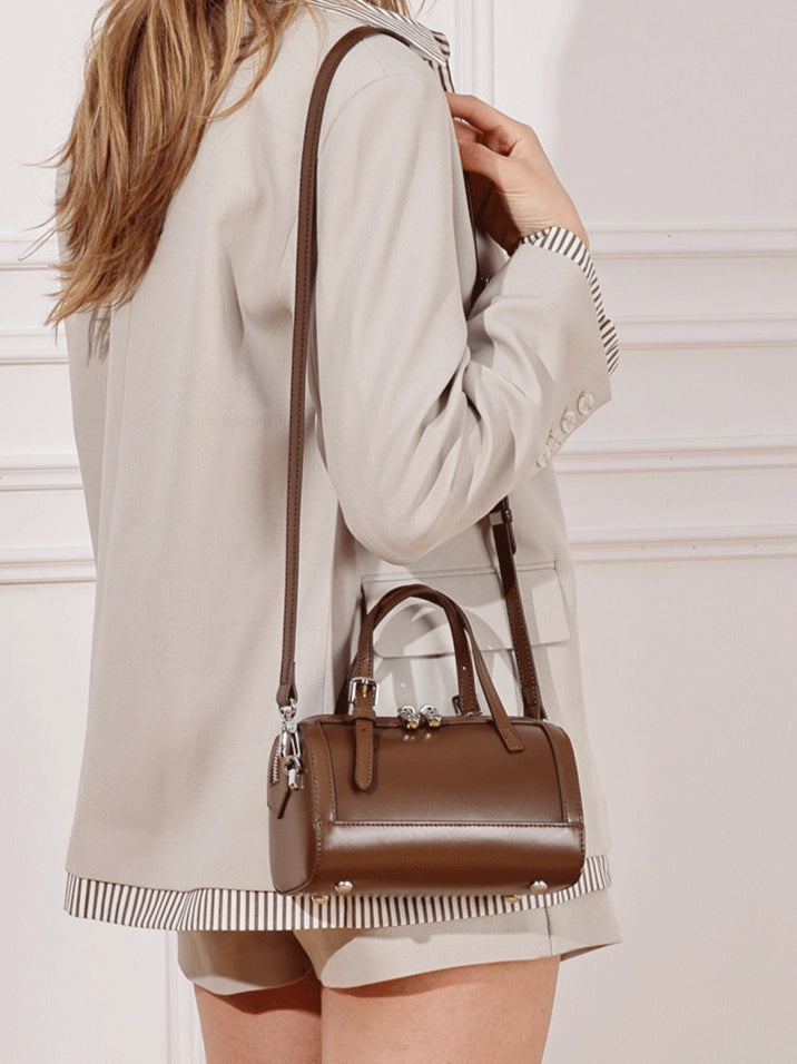 Women's Cowhide Retro Boston Barrel Bag with Adjustable Strap