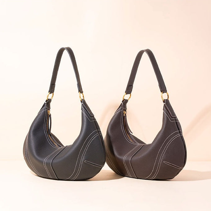 Women's Pebbled Cowhide Curved Hobo Bag with Contrast Stitching