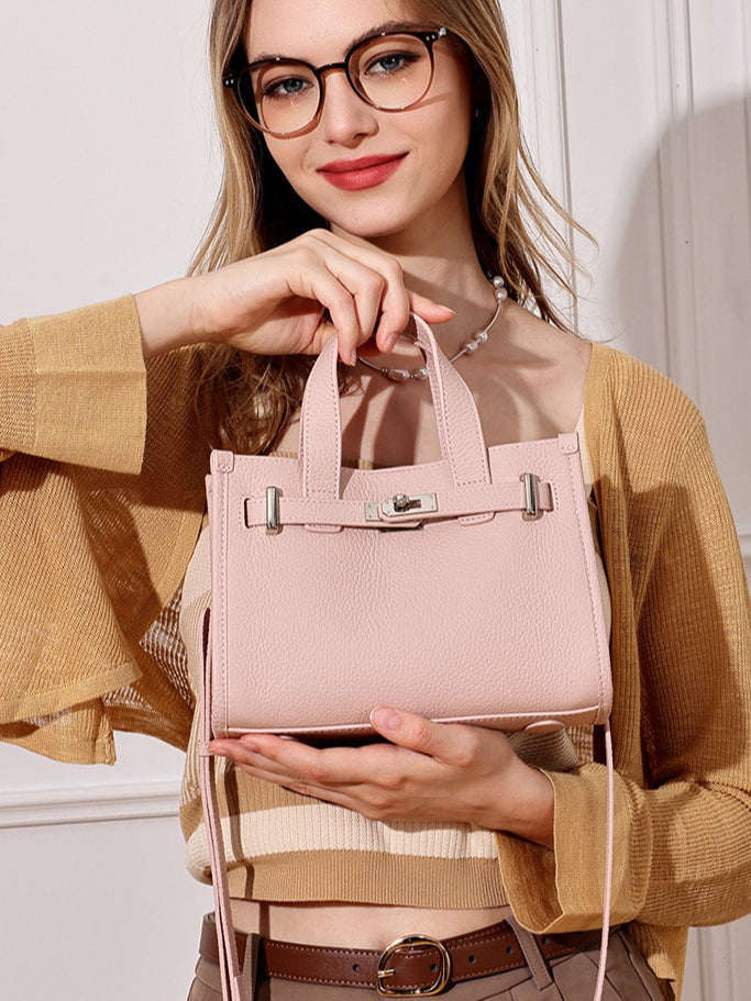 Women's Pebbled Cowhide Kelly Bag with Metal Turn-Lock