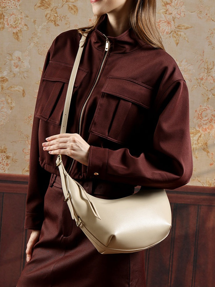 Women's Oil-Waxed Cowhide Semi-Circle Top Handle Bag