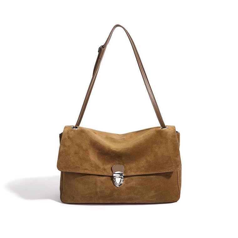 Women's Suede Leather Flap Shoulder Bag with Push-Lock