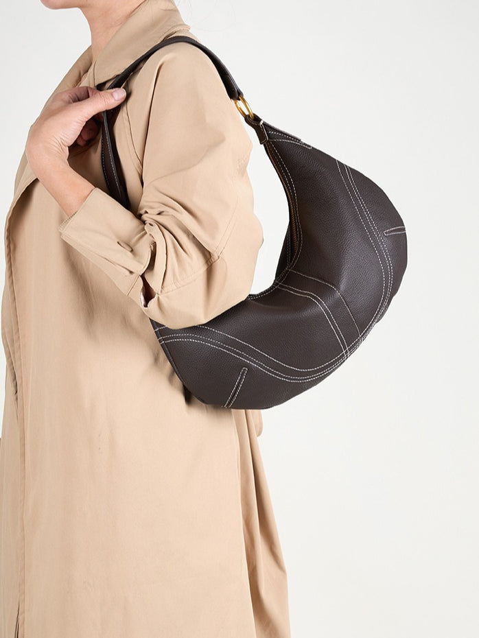 Women's Pebbled Cowhide Curved Hobo Bag with Contrast Stitching