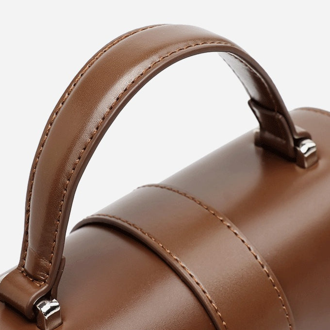Women's Genuine Leather Cylinder Box Bag with Push Lock