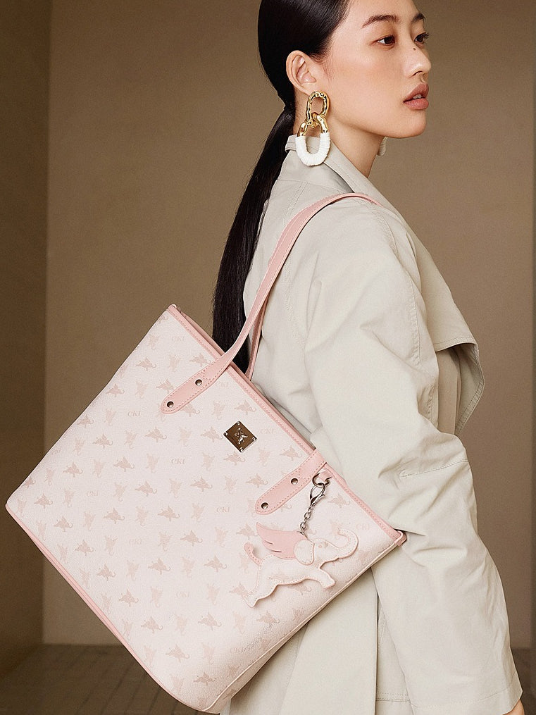 Women's Flying Elephant Printed Tote Bag with Detachable Charm