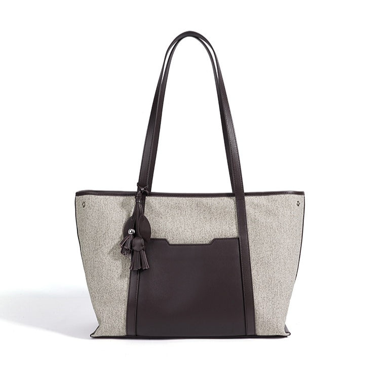 Women's Canvas Tote Bag with Genuine Leather Panels and Tassel Charm
