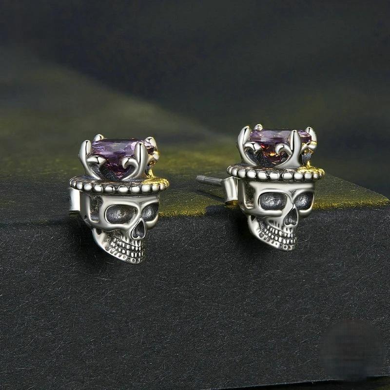 “Skull King” S925 Sterling Silver Zircon Halloween Skull Stud Earrings