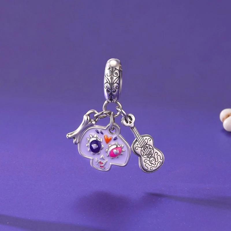 “Skull Strummer” S925 Sterling Silver Guitar Skeleton Pendant Bead