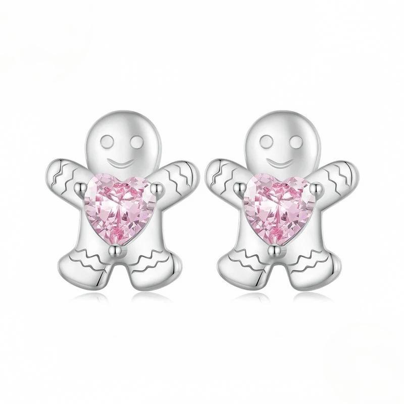 “Gingerbread Heart” S925 Sterling Silver Pink Zircon Christmas Stud Earrings