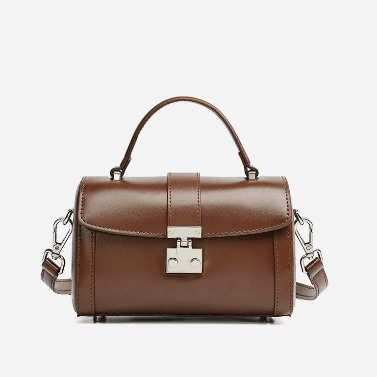 Women's Genuine Leather Cylinder Box Bag with Push Lock