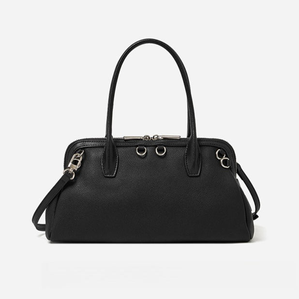 Women's Plain Cowhide Seashell Boston Bag with Double Zipper