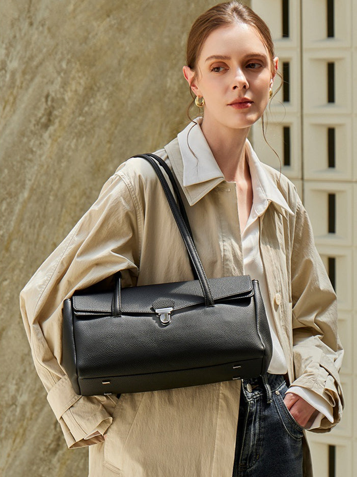 Women's Pebbled Cowhide Flap Tote with Twist-Lock Closure