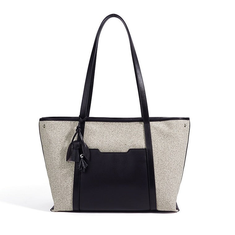 Women's Canvas Tote Bag with Genuine Leather Panels and Tassel Charm
