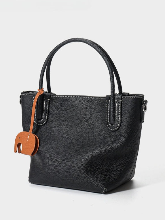 Women's Pebbled Cowhide Elephant Charm Mini Bucket Bag