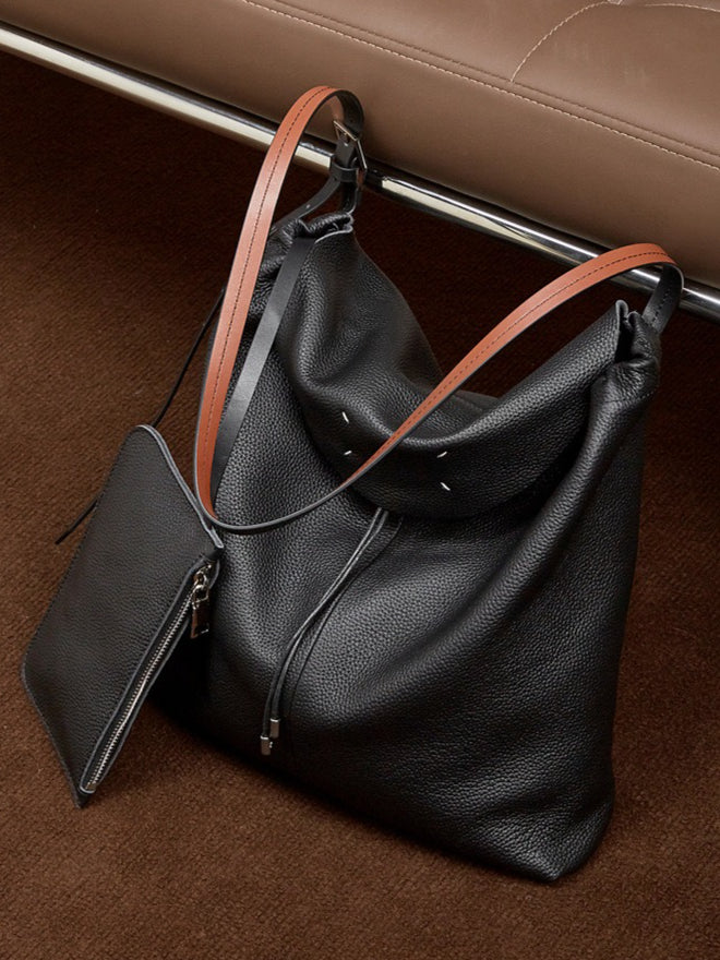 Women's Genuine Leather Slouch Tote Bag with Adjustable Strap & Detachable Pouch