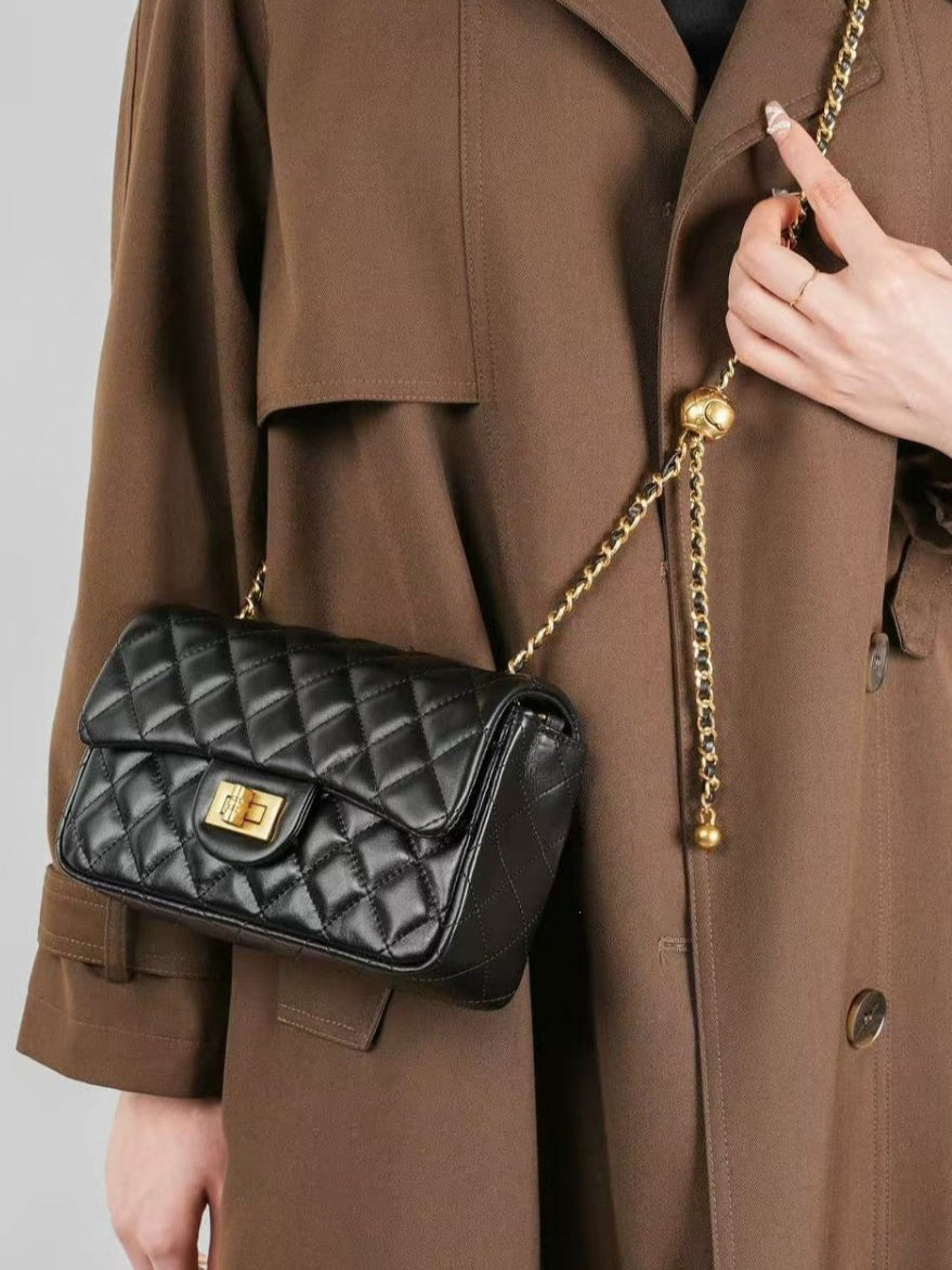 Women's Quilted Sheepskin Flap Bag with Adjustable Gold Chain