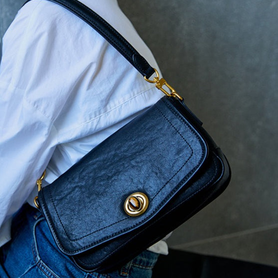Women's Washed Cowhide Turn-Lock Flap Crossbody Bag