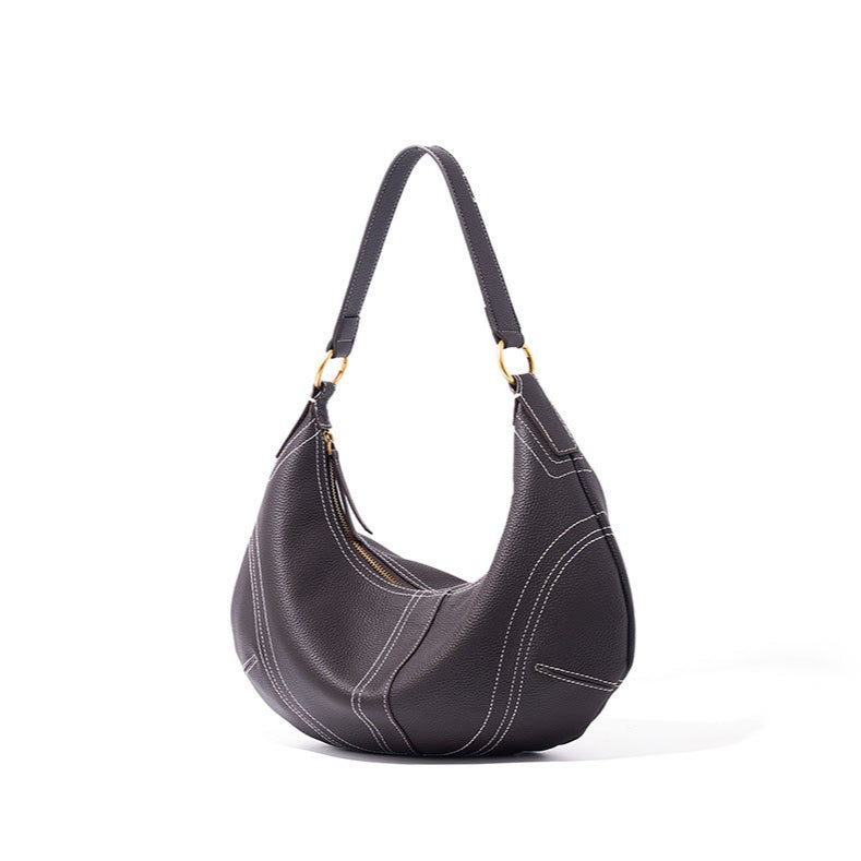 Women's Pebbled Cowhide Curved Hobo Bag with Contrast Stitching
