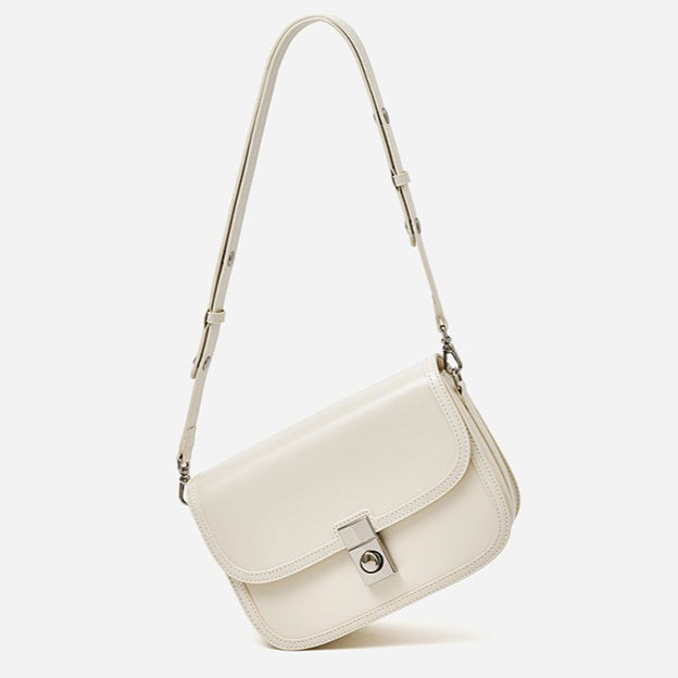 Women's Plain Cowhide Curved Satchel with Twist-Lock Closure