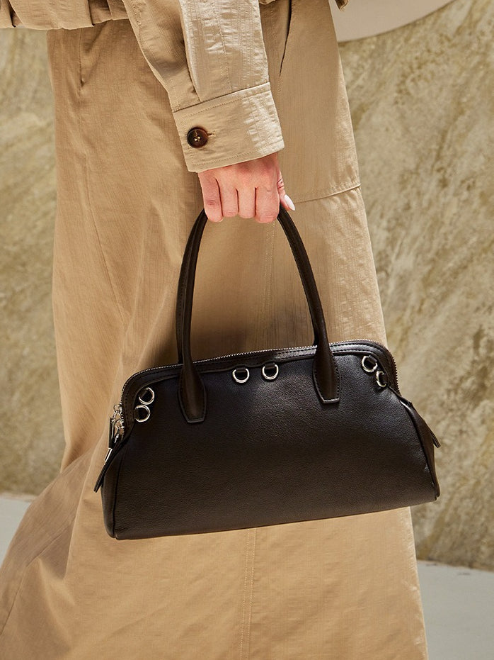 Women's Plain Cowhide Seashell Boston Bag with Double Zipper