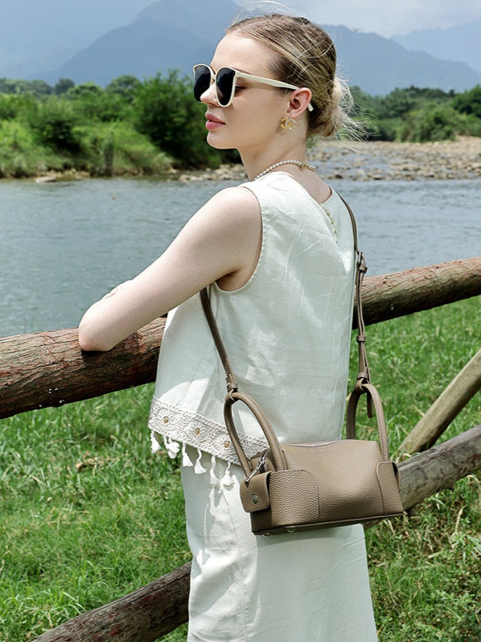 Women's Pebbled Cowhide Mini Boston Bag with Adjustable Strap