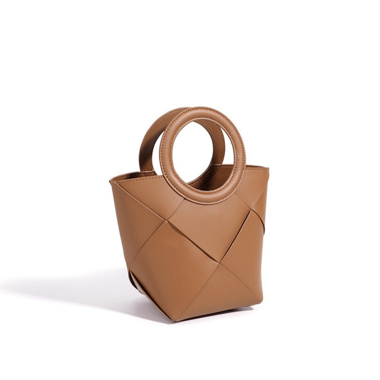 Women's Woven Cowhide Mini Bucket Bag with Adjustable Strap