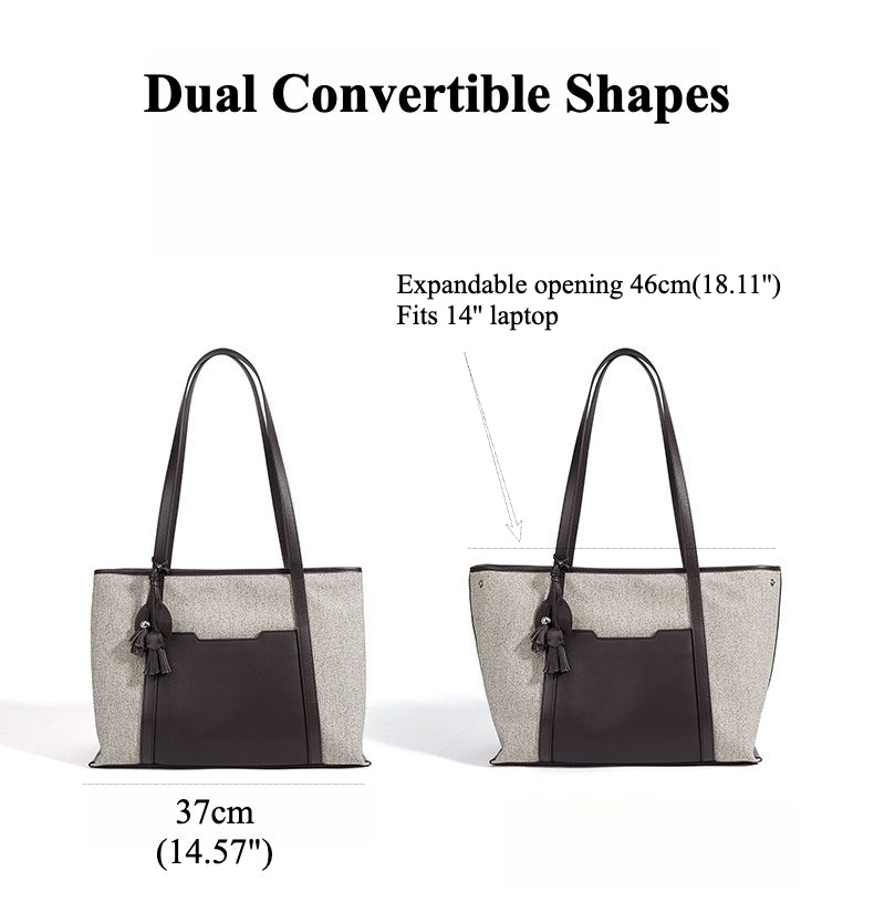 Women's Canvas Tote Bag with Genuine Leather Panels and Tassel Charm