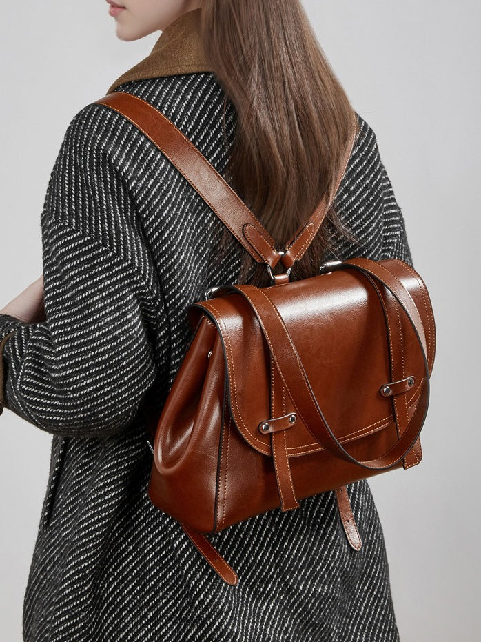 Women's Oil-Waxed Cowhide Convertible Flap Backpack