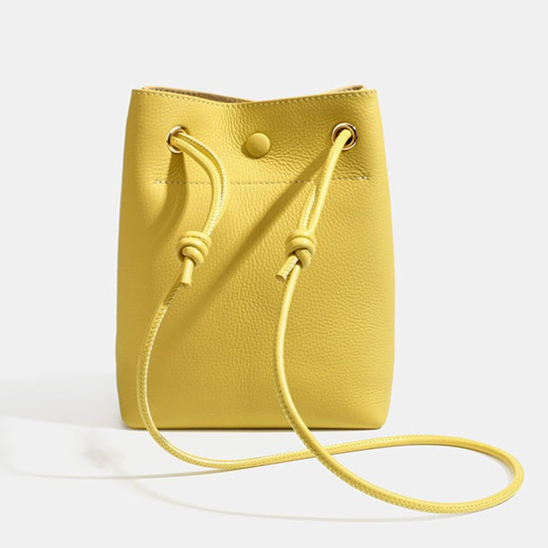 Women's Pebbled Cowhide Drawstring Phone Bag with Gold Accents