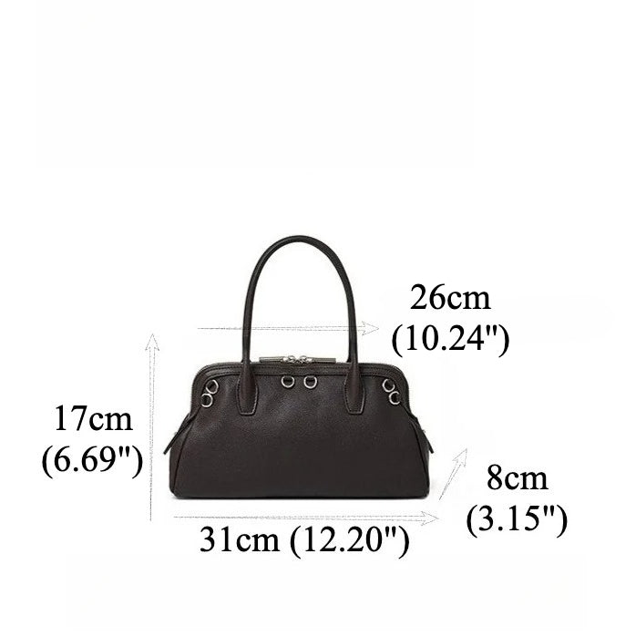 Women's Plain Cowhide Seashell Boston Bag with Double Zipper