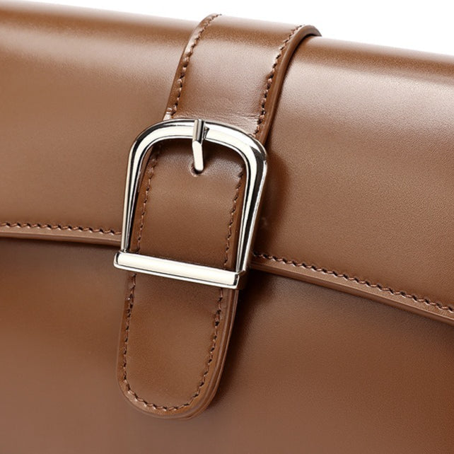 Women's Genuine Leather Vintage Baguette Shoulder Bag with Buckle