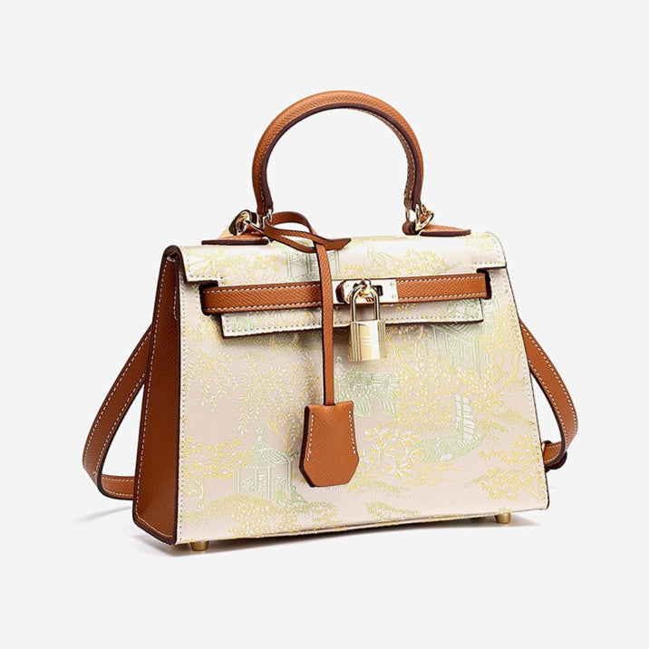 Women's Brocade Genuine Leather Kelly Bag with Padlock Charm