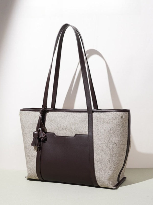 Women's Canvas Tote Bag with Genuine Leather Panels and Tassel Charm