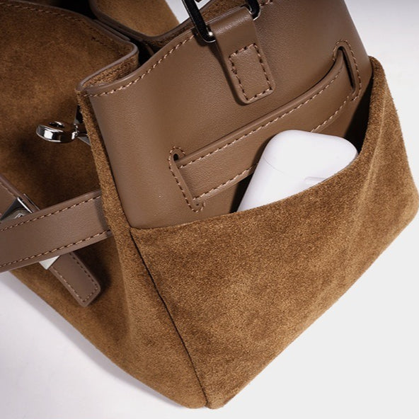 Women's Suede Cowhide Bucket Bag with Detachable Strap