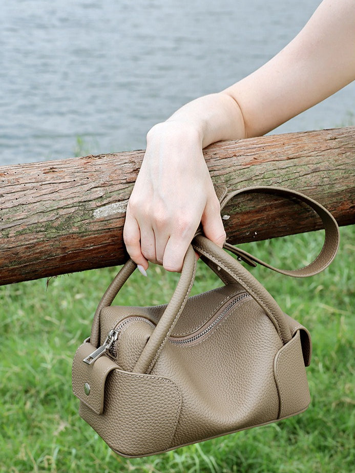 Women's Pebbled Cowhide Mini Boston Bag with Adjustable Strap