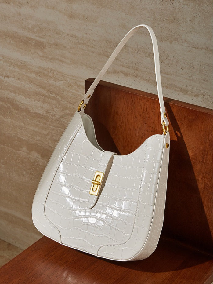 Women's Croc-Embossed Genuine Leather Hobo Bag with Detachable Pouch