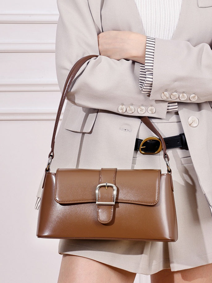 Women's Genuine Leather Vintage Baguette Shoulder Bag with Buckle