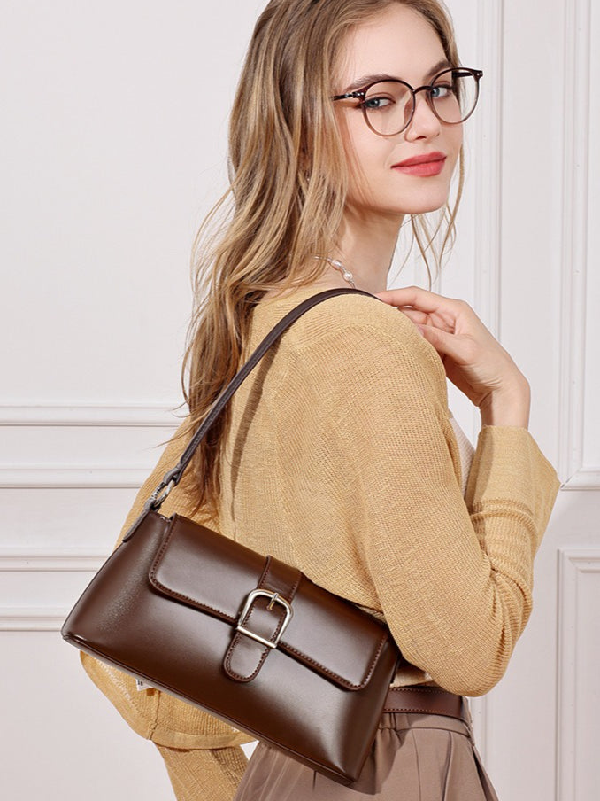 Women's Genuine Leather Vintage Baguette Shoulder Bag with Buckle