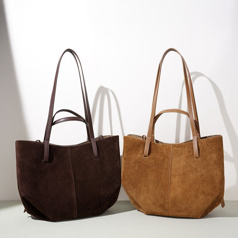 Women's Genuine Suede Tote Bag with Detachable Pouches